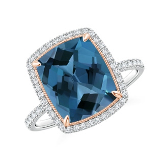 11x9mm AA Cushion London Blue Topaz and Diamond Halo Ring in Two Tone in 10K White Gold 10K Rose Gold
