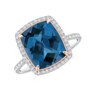 11x9mm AAA Cushion London Blue Topaz and Diamond Halo Ring in Two Tone in White Gold Rose Gold