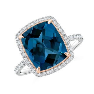 11x9mm AAAA Cushion London Blue Topaz and Diamond Halo Ring in Two Tone in 9K White Gold 9K Rose Gold