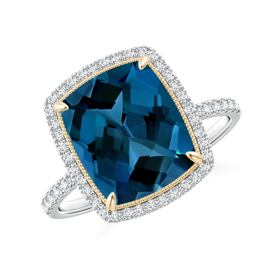 11x9mm AAAA Cushion London Blue Topaz and Diamond Halo Ring in Two Tone in White Gold Yellow Gold 