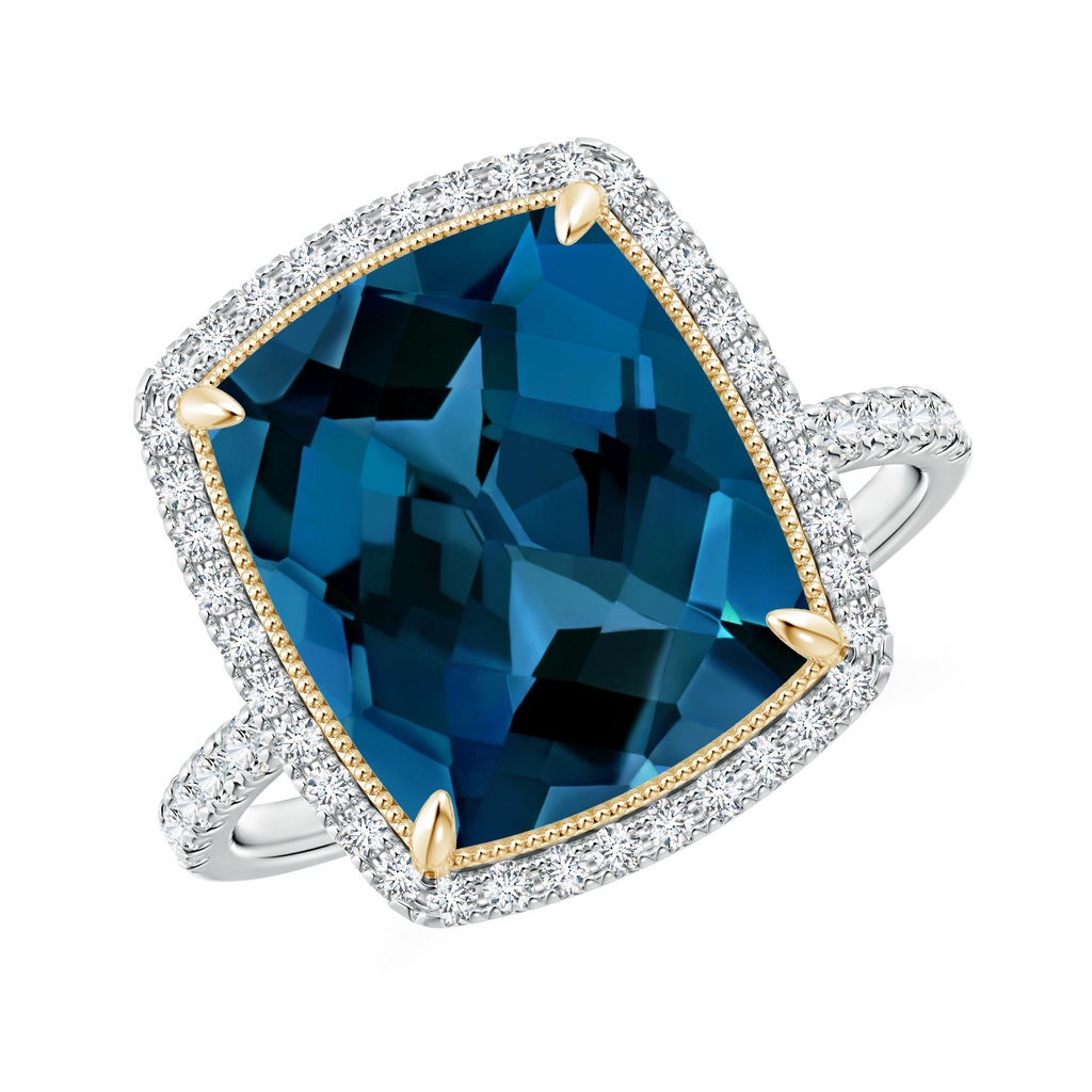 12x10mm AAAA Cushion London Blue Topaz and Diamond Halo Ring in Two Tone in White Gold Yellow Gold