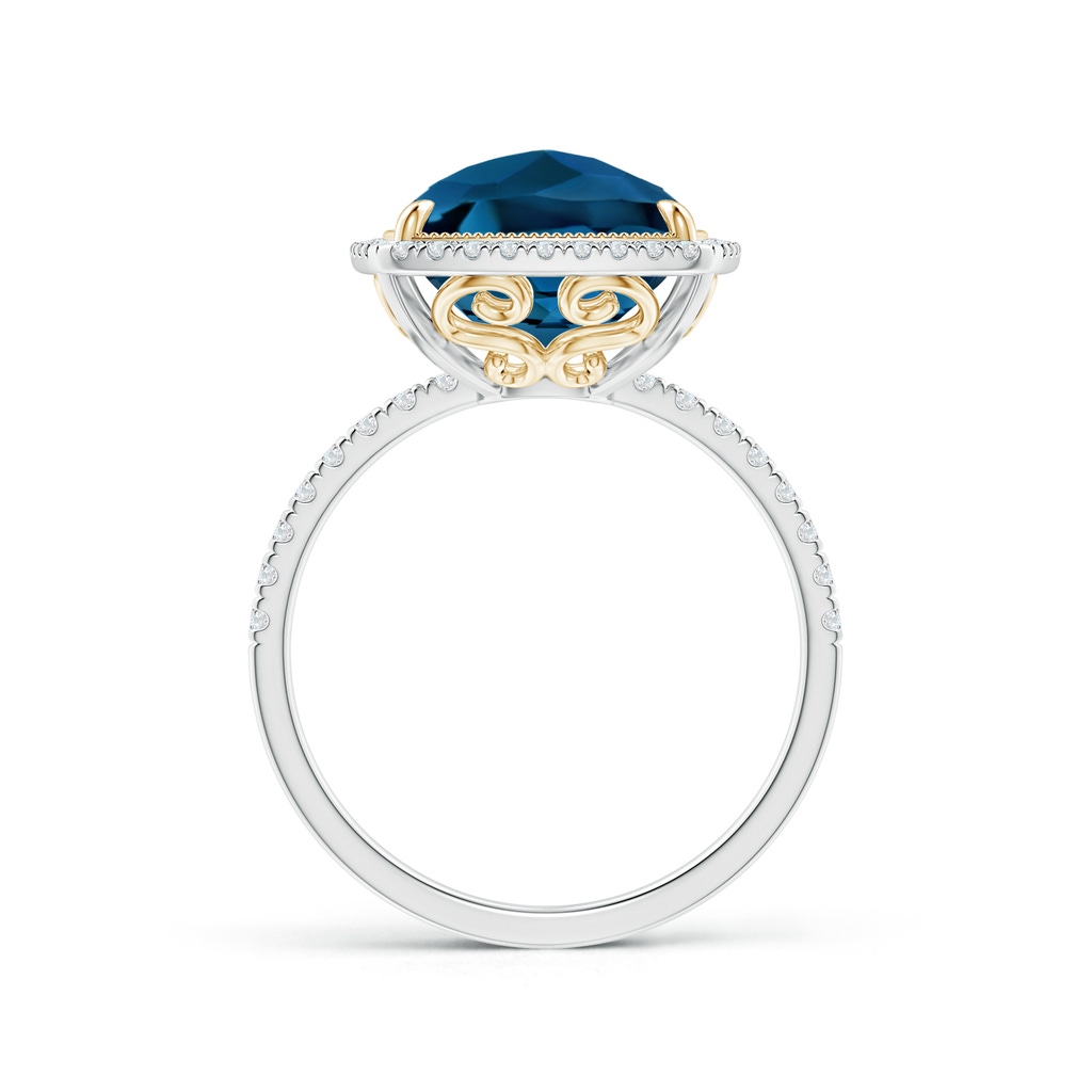 12x10mm AAAA Cushion London Blue Topaz and Diamond Halo Ring in Two Tone in White Gold Yellow Gold - Side_1