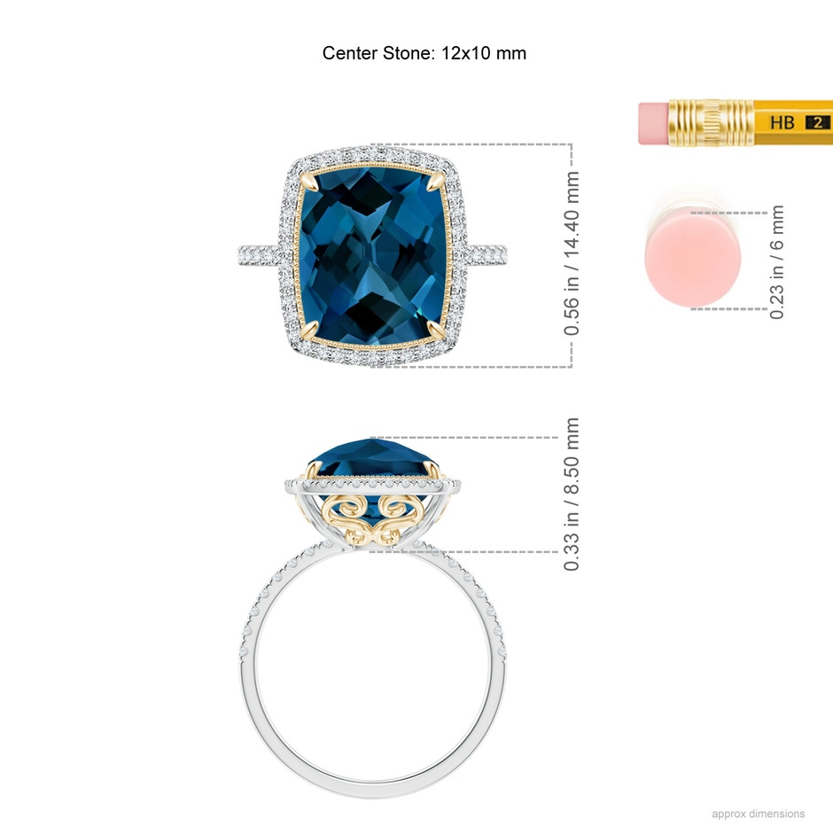 12x10mm AAAA Cushion London Blue Topaz and Diamond Halo Ring in Two Tone in White Gold Yellow Gold Ruler