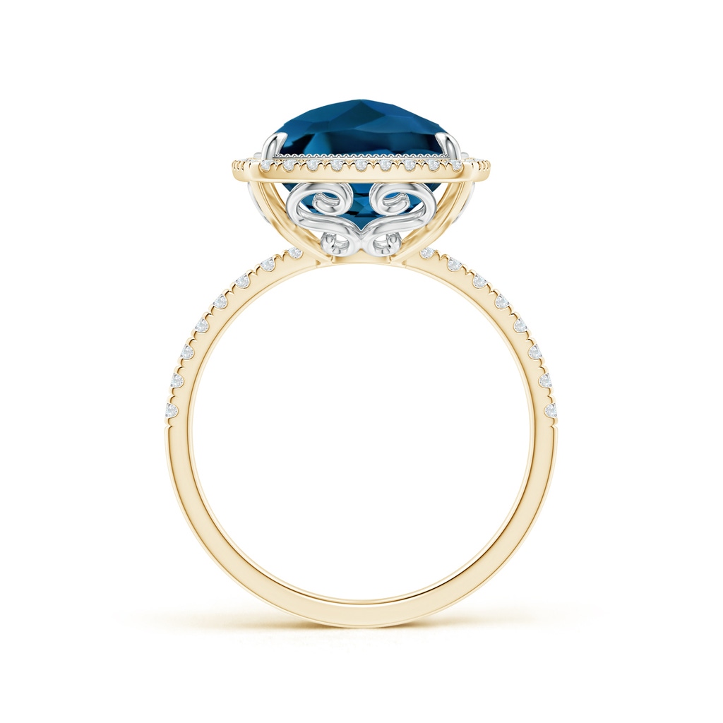 12x10mm AAAA Cushion London Blue Topaz and Diamond Halo Ring in Two Tone in Yellow Gold White Gold Side-1