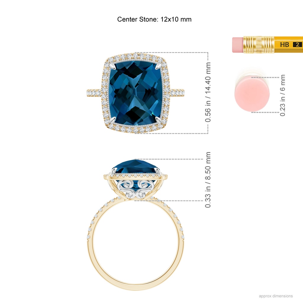 12x10mm AAAA Cushion London Blue Topaz and Diamond Halo Ring in Two Tone in Yellow Gold White Gold Ruler