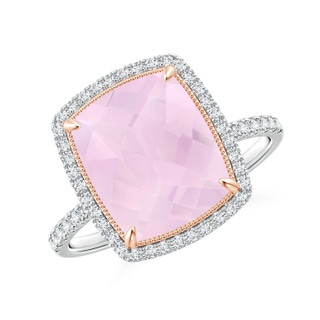 11x9mm AA Cushion Rose Quartz and Diamond Halo Ring in Two Tone in White Gold Rose Gold