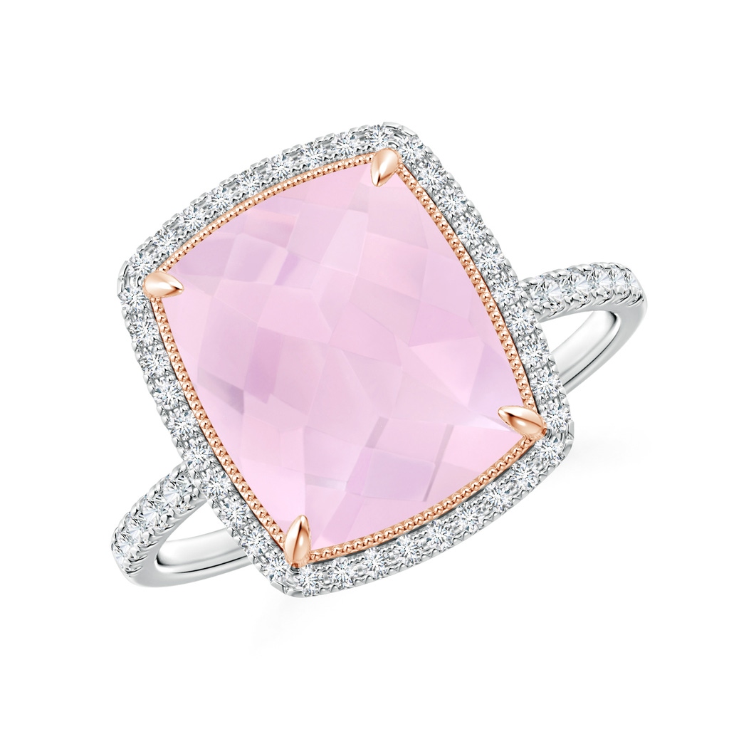11x9mm AAA Cushion Rose Quartz and Diamond Halo Ring in Two Tone in White Gold Rose Gold