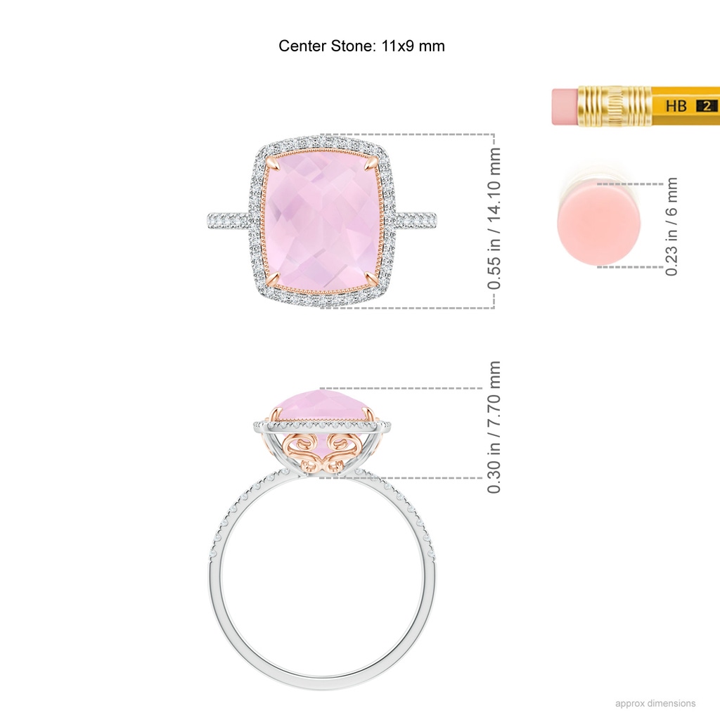 11x9mm AAA Cushion Rose Quartz and Diamond Halo Ring in Two Tone in White Gold Rose Gold Ruler