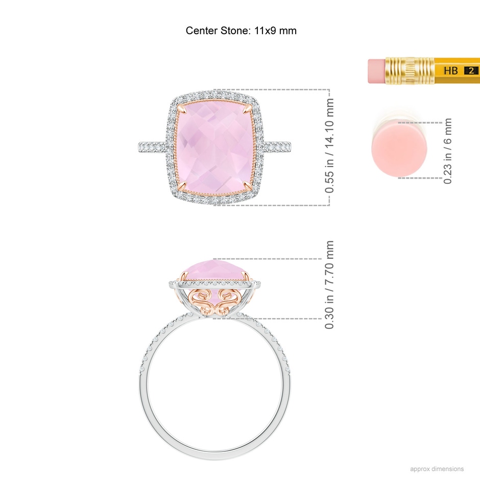 11x9mm AAA Cushion Rose Quartz and Diamond Halo Ring in Two Tone in White Gold Rose Gold ruler