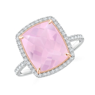 11x9mm AAAA Cushion Rose Quartz and Diamond Halo Ring in Two Tone in White Gold Rose Gold