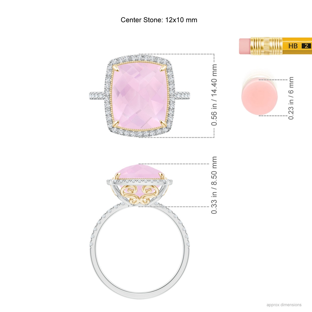 12x10mm AAA Cushion Rose Quartz and Diamond Halo Ring in Two Tone in 10K White Gold 10K Yellow Gold Ruler