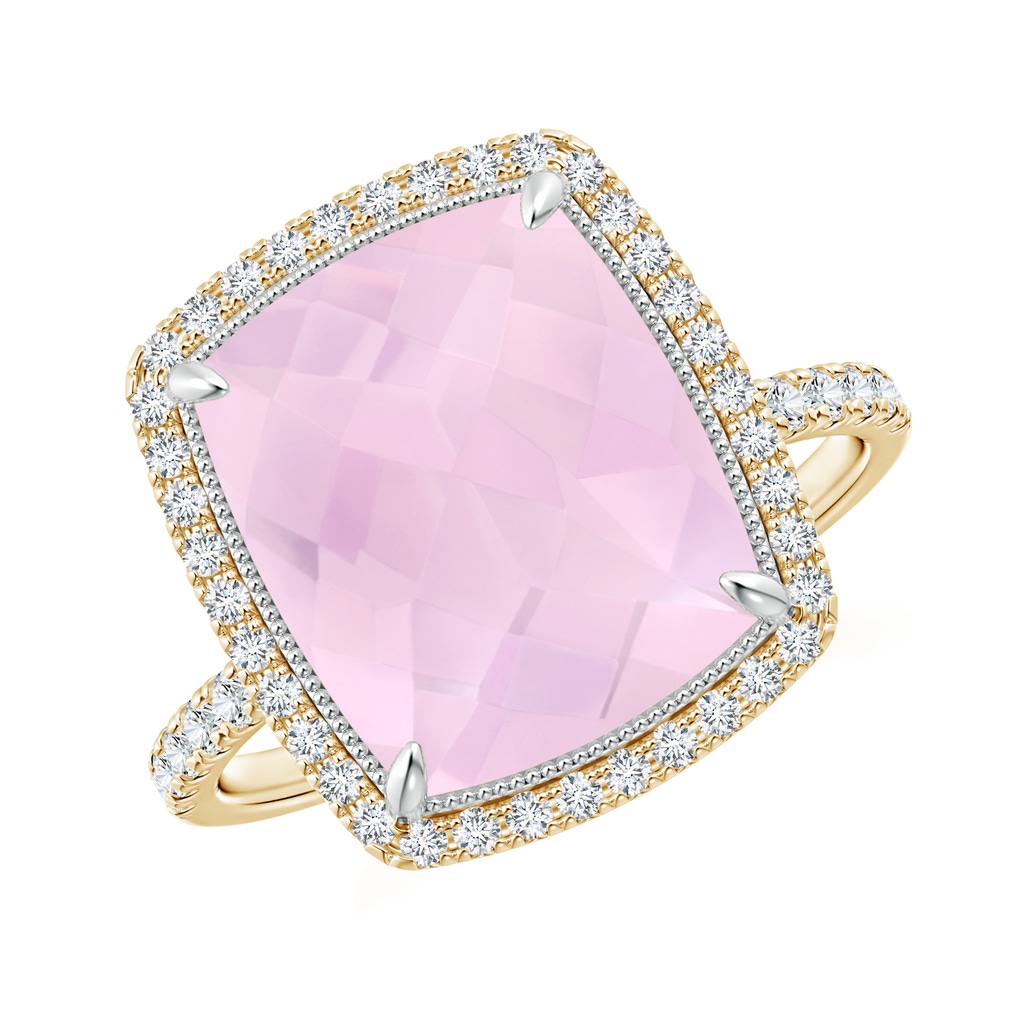 12x10mm AAA Cushion Rose Quartz and Diamond Halo Ring in Two Tone in Yellow Gold White Gold