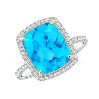 11x9mm A Cushion Swiss Blue Topaz and Diamond Halo Ring in Two Tone in White Gold Rose Gold