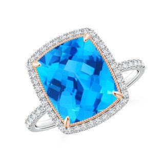 11x9mm AAA Cushion Swiss Blue Topaz and Diamond Halo Ring in Two Tone in White Gold Rose Gold