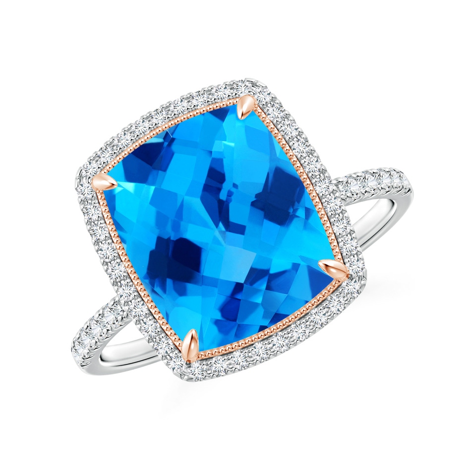 11x9mm AAAA Cushion Swiss Blue Topaz and Diamond Halo Ring in Two Tone in White Gold Rose Gold 