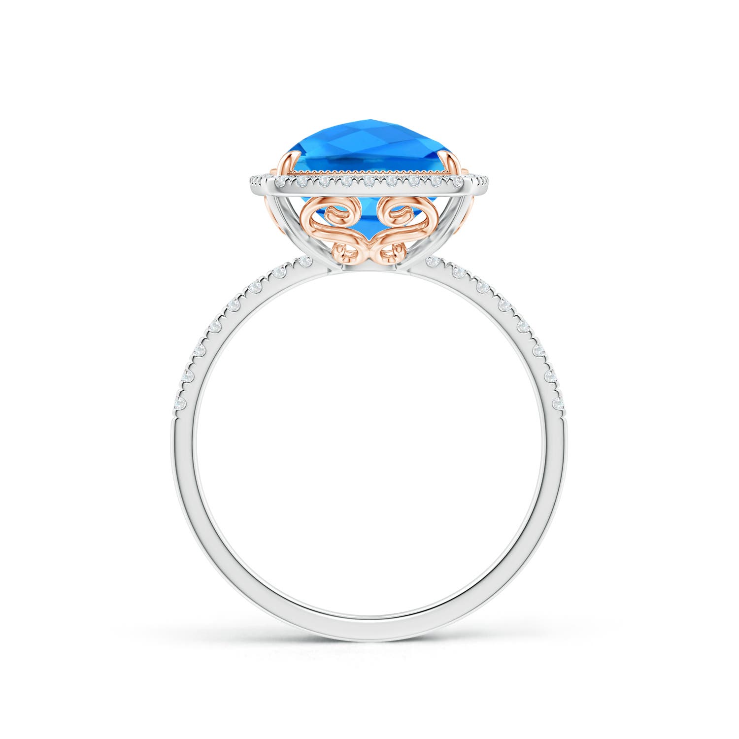 11x9mm AAAA Cushion Swiss Blue Topaz and Diamond Halo Ring in Two Tone in White Gold Rose Gold - side 2