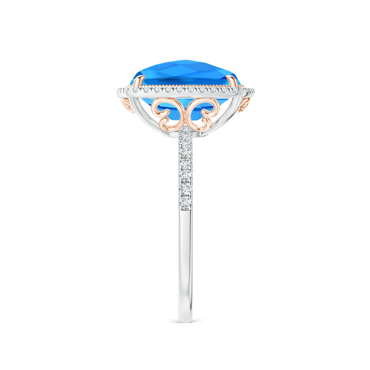 11x9mm AAAA Cushion Swiss Blue Topaz and Diamond Halo Ring in Two Tone in White Gold Rose Gold - side 3