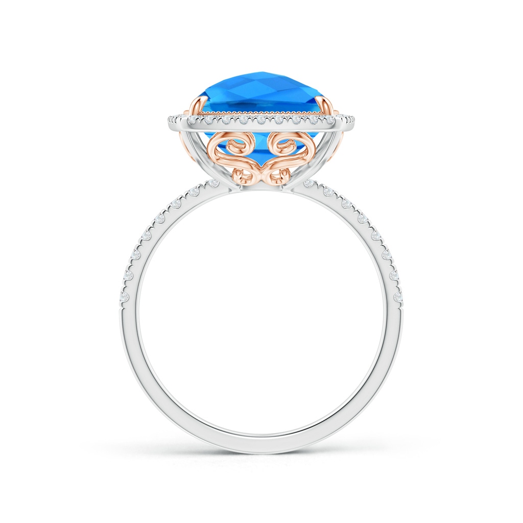 12x10mm AAAA Cushion Swiss Blue Topaz and Diamond Halo Ring in Two Tone in White Gold Rose Gold Side-1