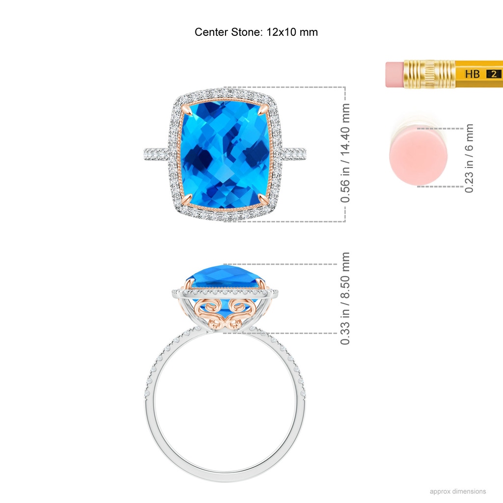 12x10mm AAAA Cushion Swiss Blue Topaz and Diamond Halo Ring in Two Tone in White Gold Rose Gold Ruler