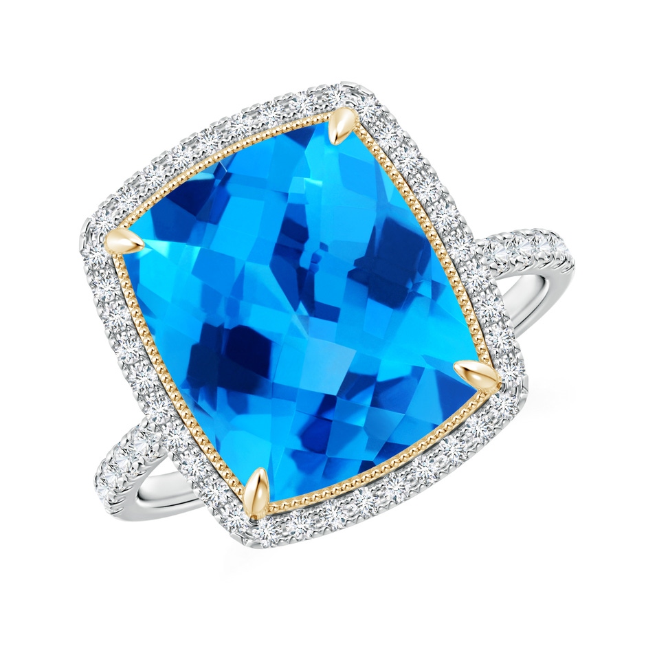 12x10mm AAAA Cushion Swiss Blue Topaz and Diamond Halo Ring in Two Tone in White Gold Yellow Gold 