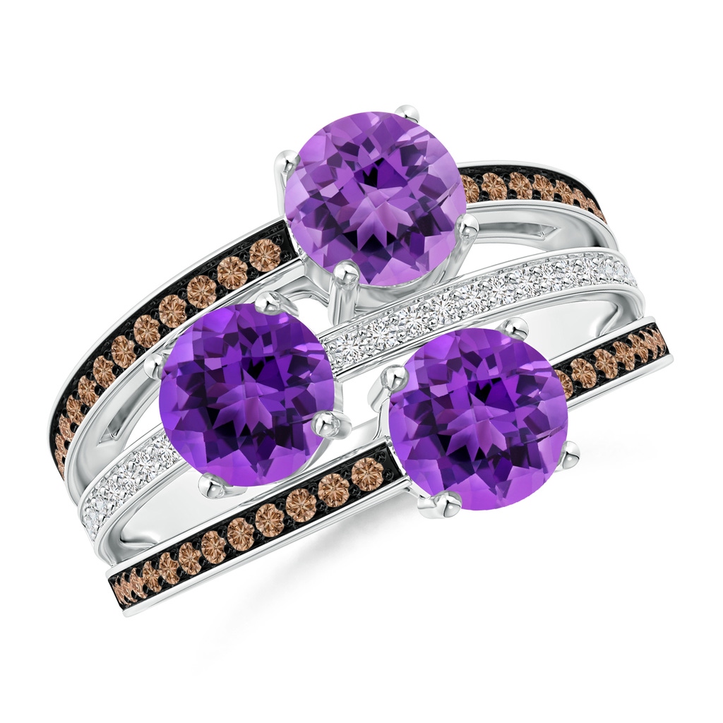6mm AAA Round Amethyst Three Stone Multi Row Ring in White Gold