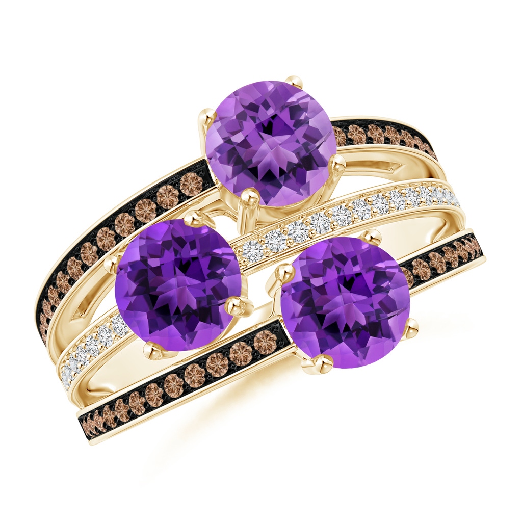 6mm AAA Round Amethyst Three Stone Multi Row Ring in Yellow Gold