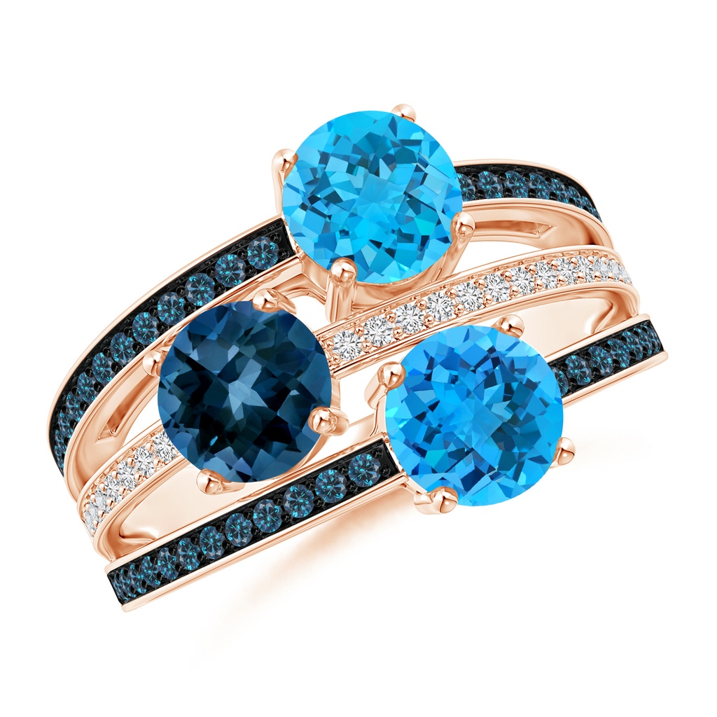 6mm AAA Round Swiss & London Blue Topaz Three Stone Multi Row Ring in Rose Gold