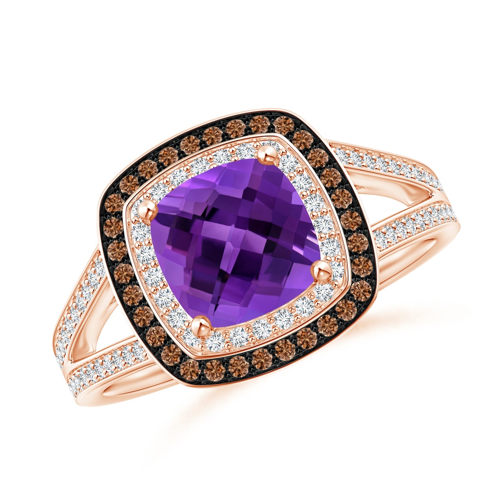 7mm AAAA Cushion Amethyst Split Shank Ring with Double Halo in Rose Gold