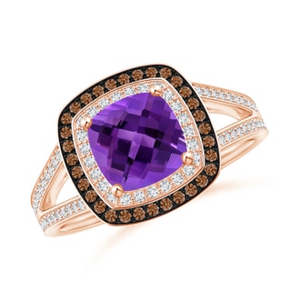 7mm AAAA Cushion Amethyst Split Shank Ring with Double Halo in Rose Gold