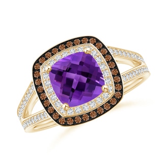 7mm AAAA Cushion Amethyst Split Shank Ring with Double Halo in Yellow Gold