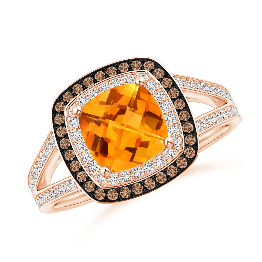 7mm AAA Cushion Citrine Split Shank Ring with Double Halo in Rose Gold