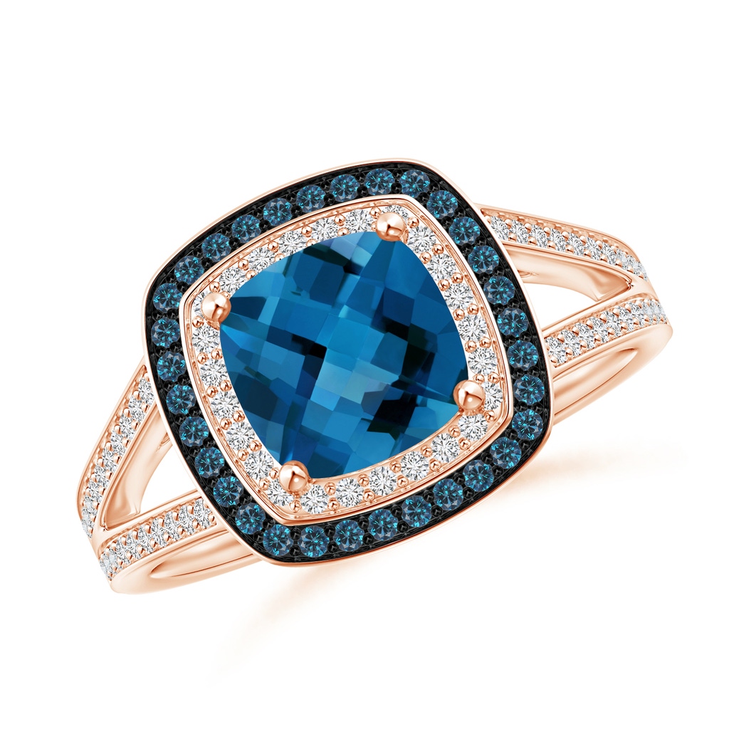 7mm AAA Cushion London Blue Topaz Split Shank Ring with Double Halo in Rose Gold