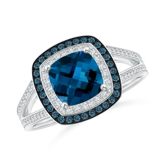 7mm AAAA Cushion London Blue Topaz Split Shank Ring with Double Halo in White Gold