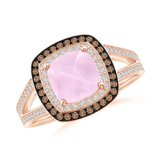 7mm AAA Cushion Rose Quartz Split Shank Ring with Double Halo in Rose Gold