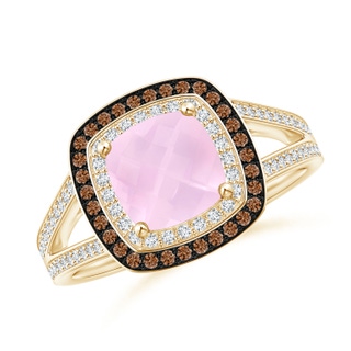 7mm AAAA Cushion Rose Quartz Split Shank Ring with Double Halo in Yellow Gold
