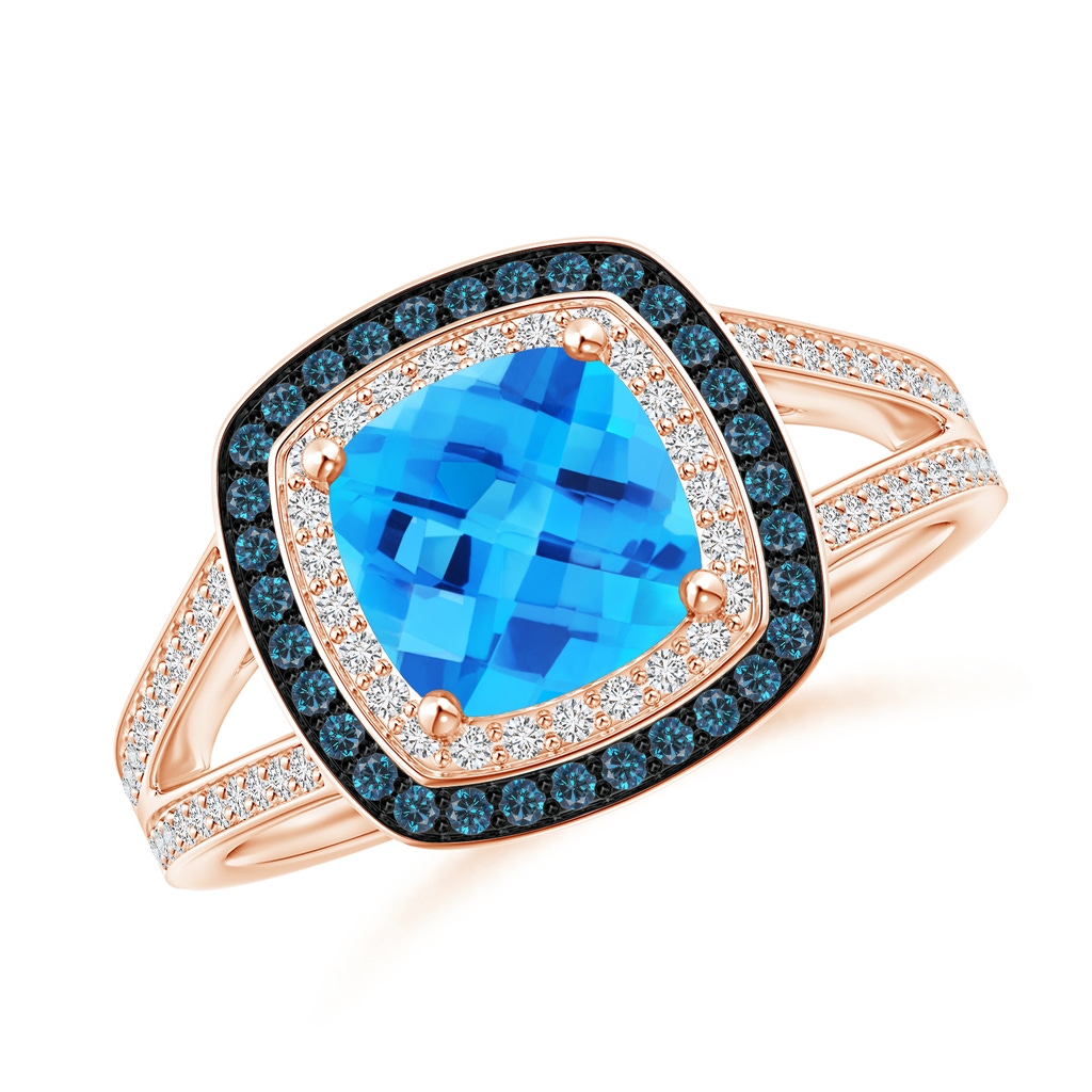 7mm AAA Cushion Swiss Blue Topaz Split Shank Ring with Double Halo in Rose Gold