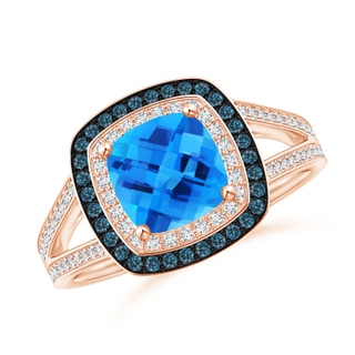 7mm AAAA Cushion Swiss Blue Topaz Split Shank Ring with Double Halo in Rose Gold