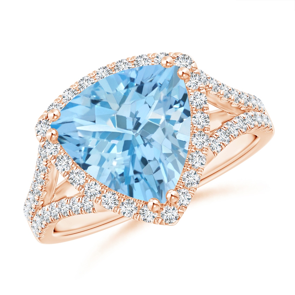 10mm AAAA Trillion Aquamarine Cocktail Ring with Diamond Accents in Rose Gold