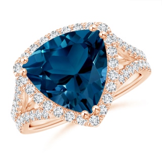 11mm AAAA Trillion London Blue Topaz Cocktail Ring with Diamond Accents in Rose Gold