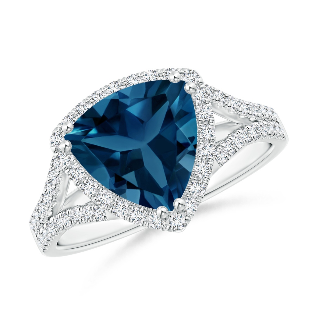 9mm AAA Trillion London Blue Topaz Cocktail Ring with Diamond Accents in White Gold