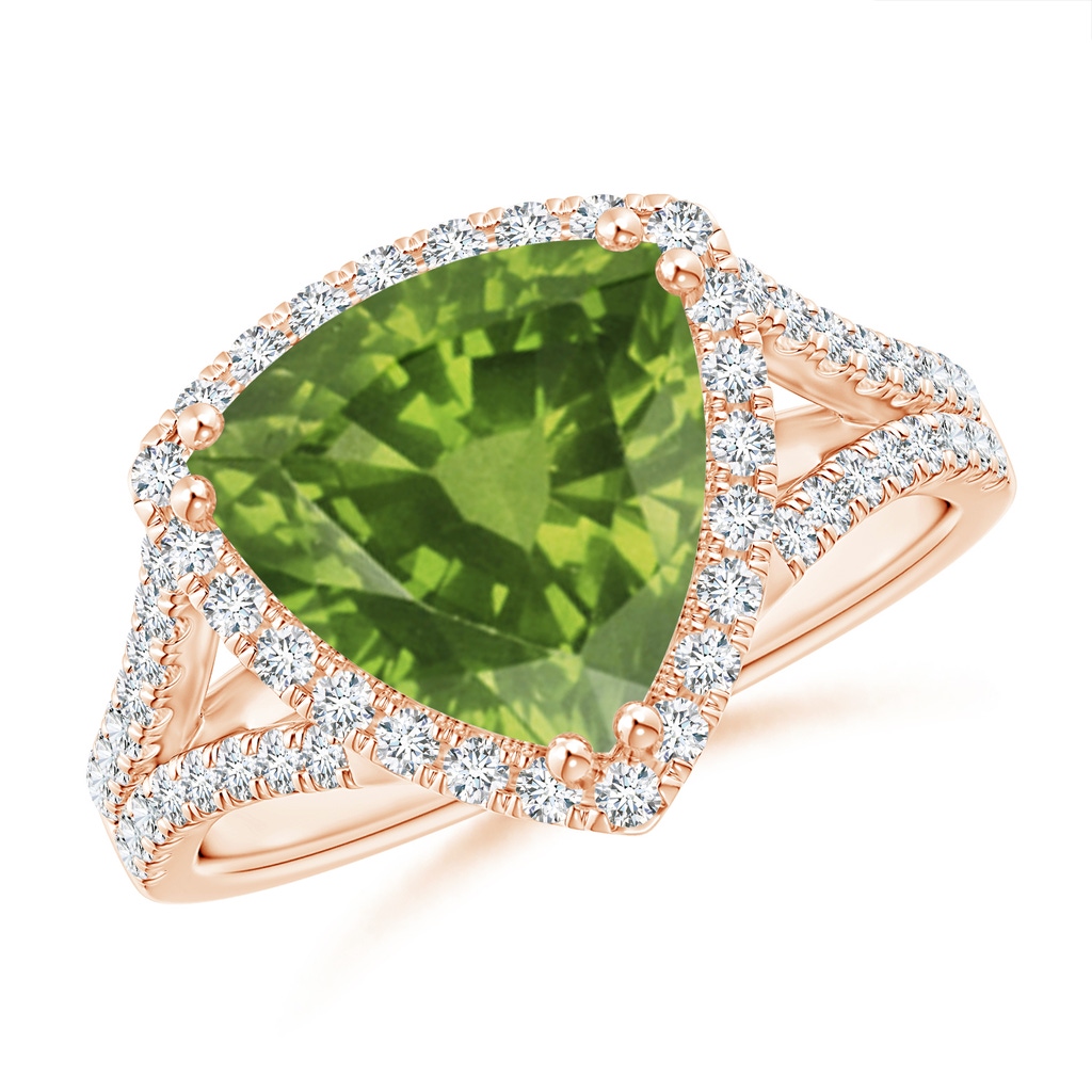 10mm AAAA Trillion Peridot Cocktail Ring with Diamond Accents in Rose Gold
