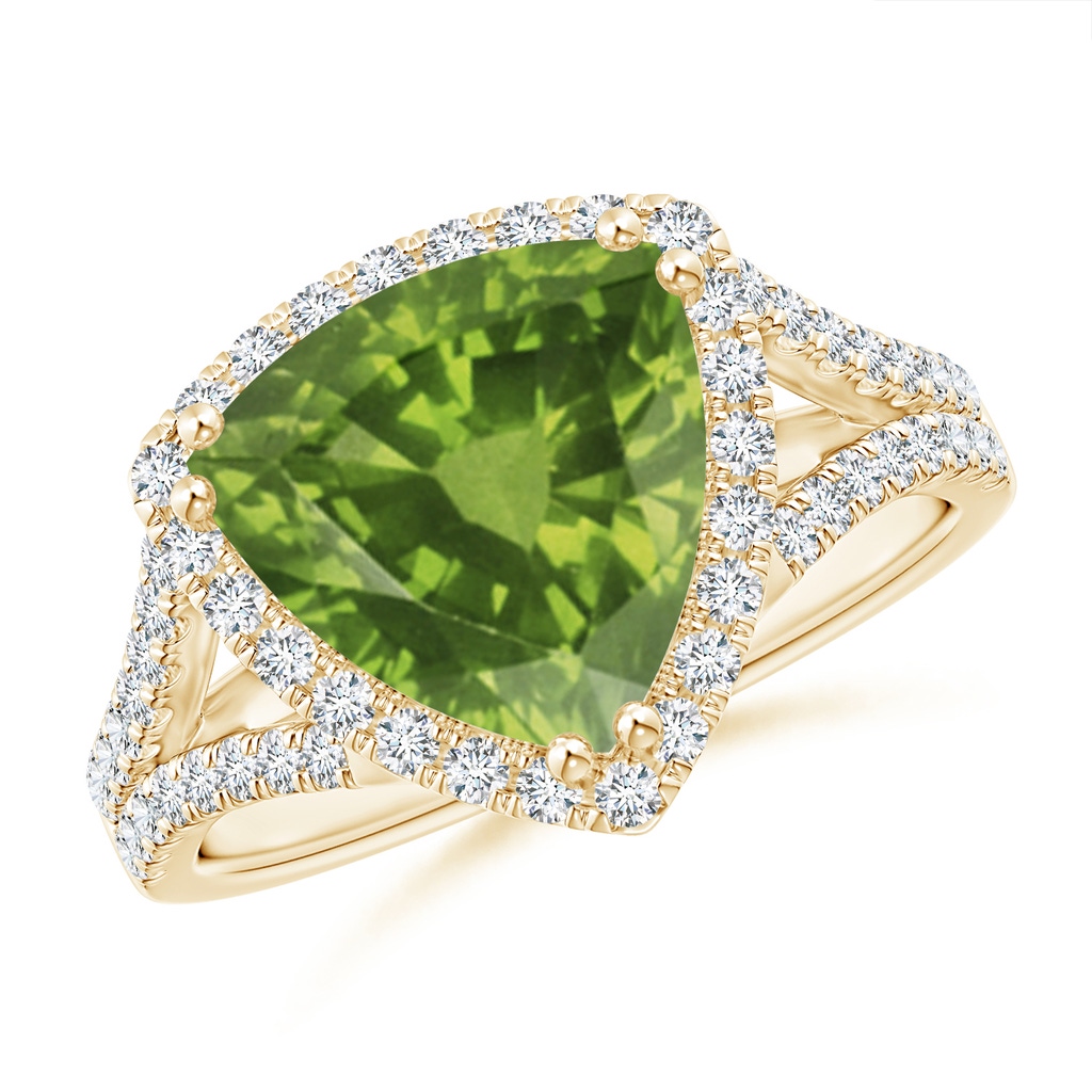 10mm AAAA Trillion Peridot Cocktail Ring with Diamond Accents in Yellow Gold