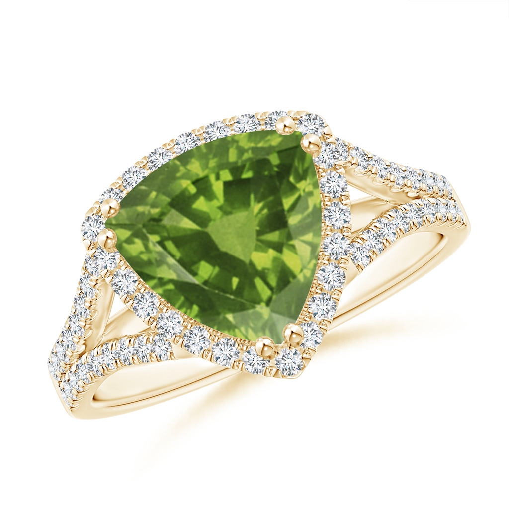 9mm AAAA Trillion Peridot Cocktail Ring with Diamond Accents in Yellow Gold