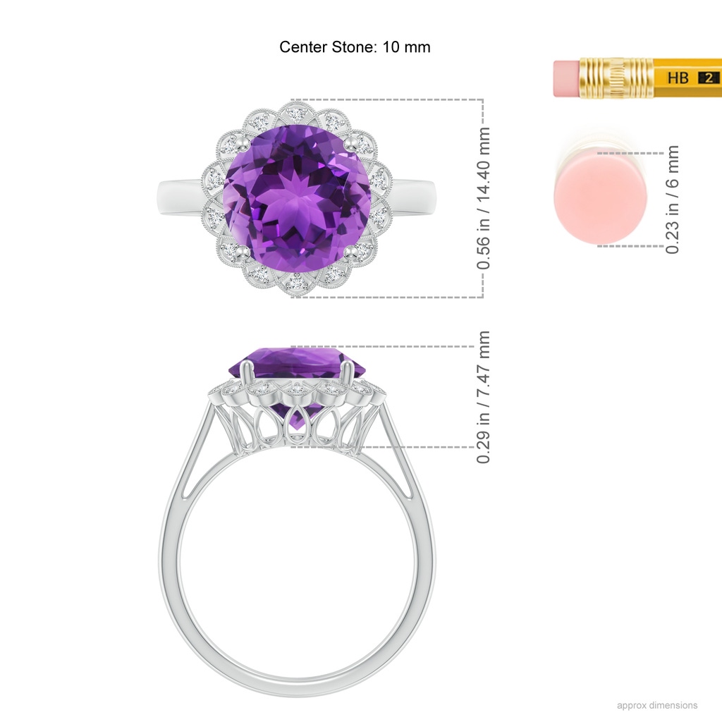 10mm AAA Amethyst Scalloped Halo Ring in White Gold Ruler