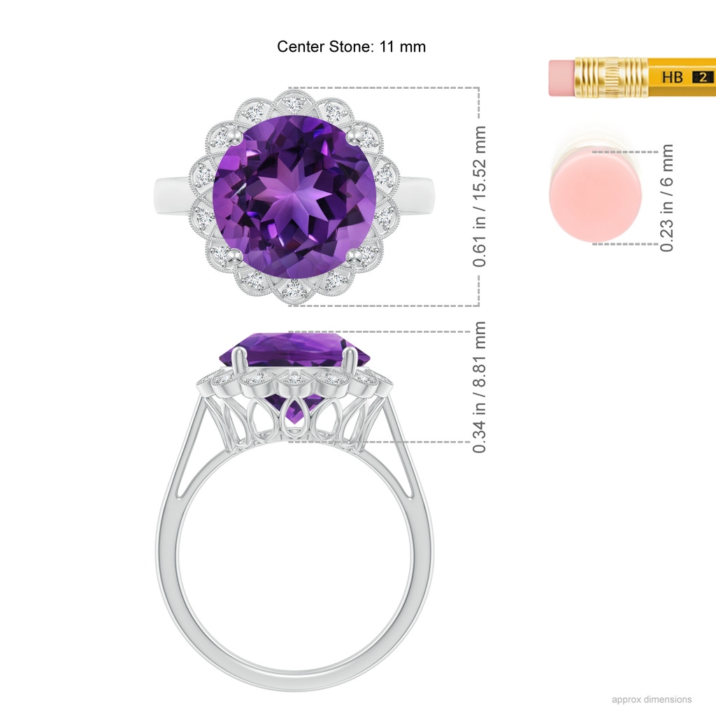 11mm AAAA Amethyst Scalloped Halo Ring in White Gold Ruler
