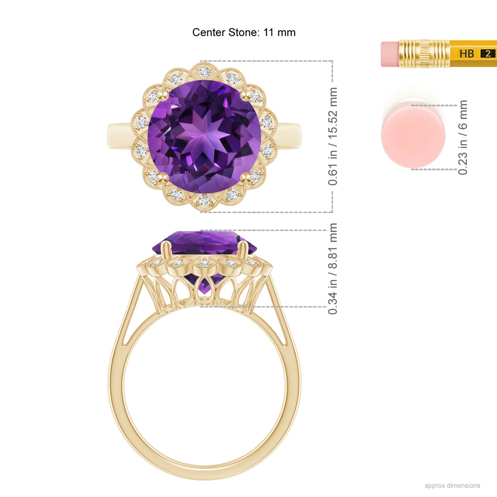11mm AAAA Amethyst Scalloped Halo Ring in Yellow Gold Ruler
