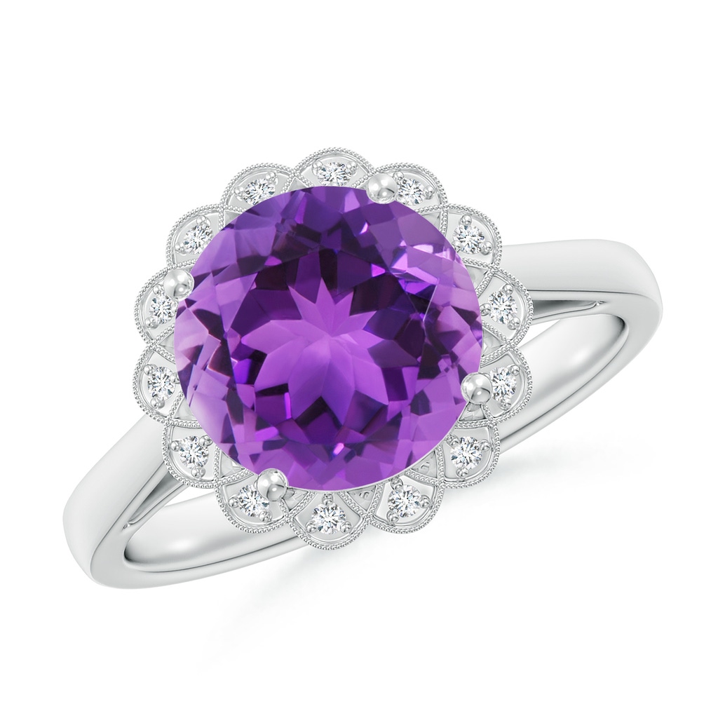 9mm AAA Amethyst Scalloped Halo Ring in White Gold