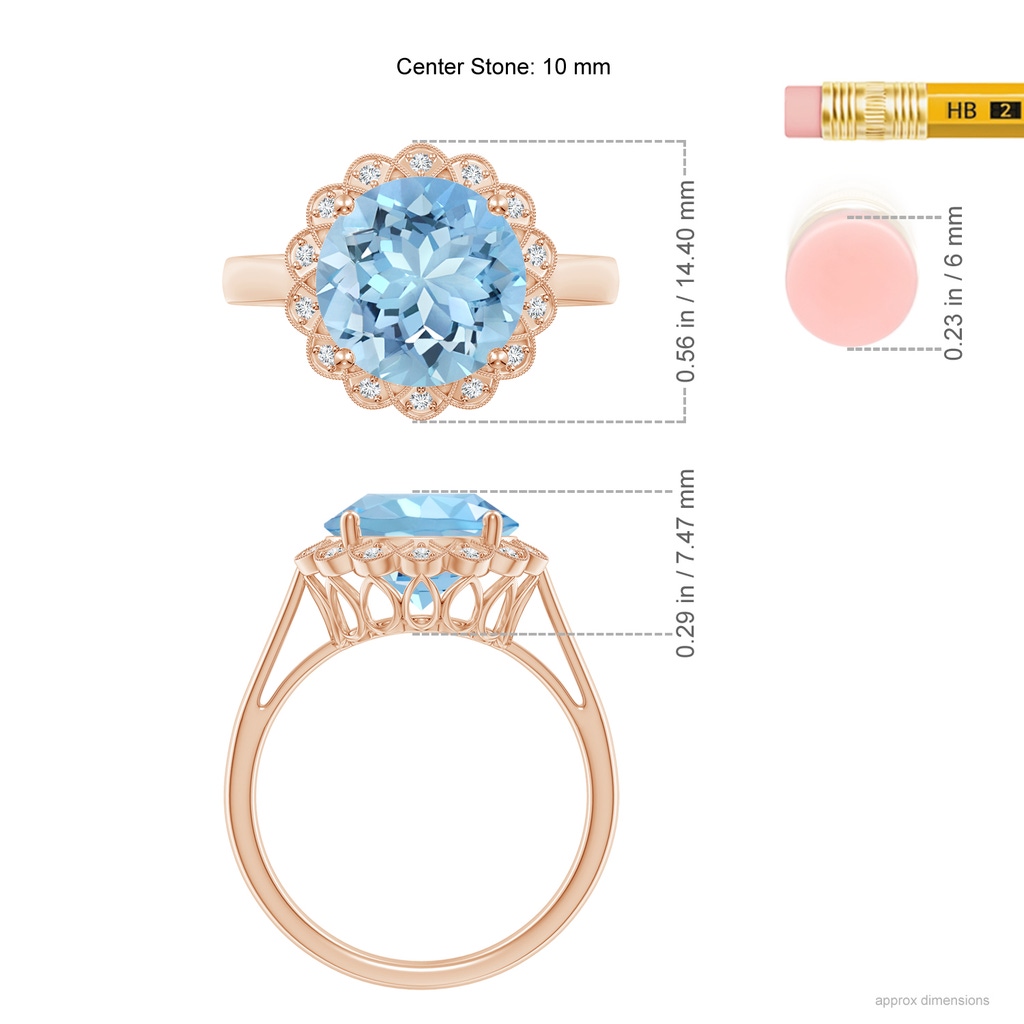 10mm AAAA Aquamarine Scalloped Halo Ring in Rose Gold Ruler
