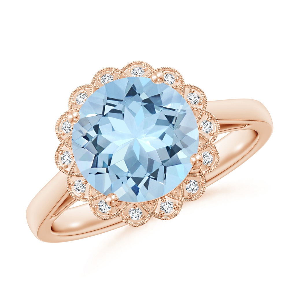 9mm AAA Aquamarine Scalloped Halo Ring in Rose Gold