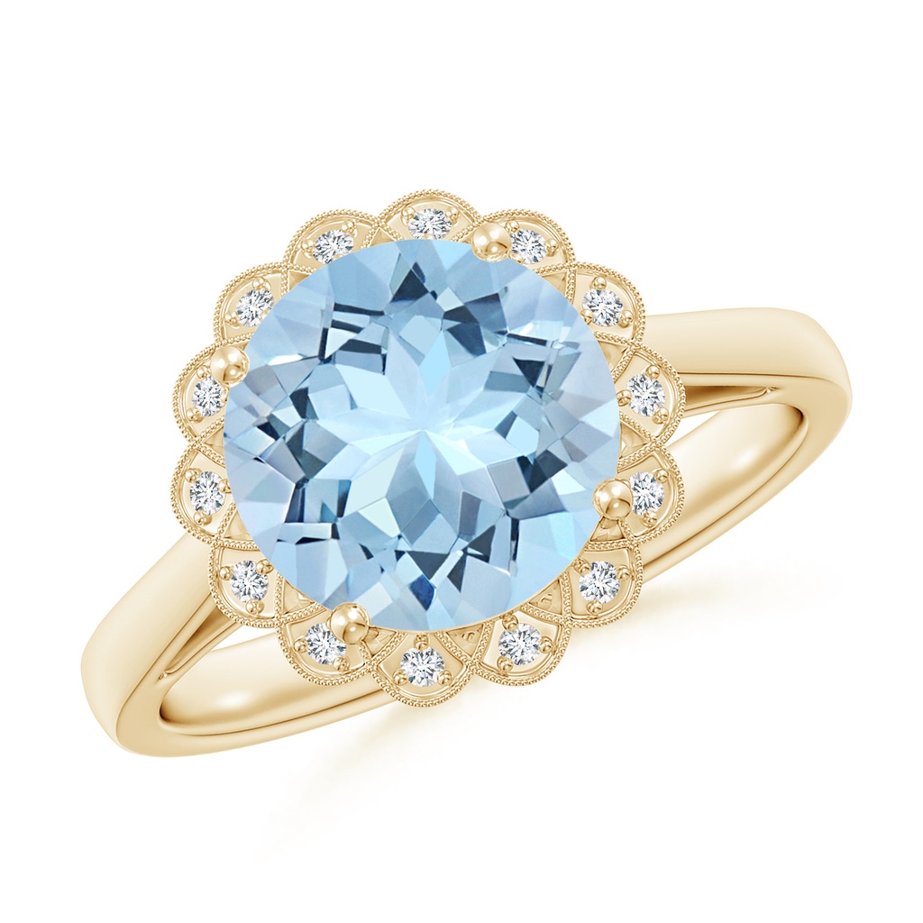 9mm AAA Aquamarine Scalloped Halo Ring in Yellow Gold